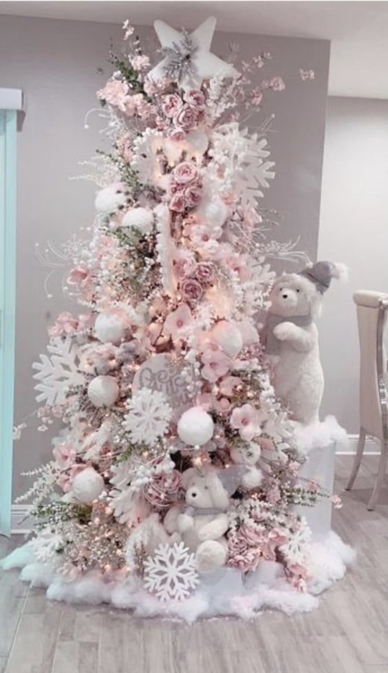 a white christmas tree with pink and silver decorations