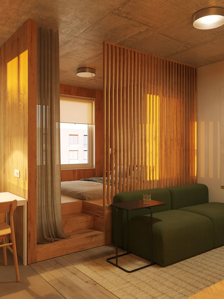 a living room filled with furniture and wooden slats on the wall next to a bed