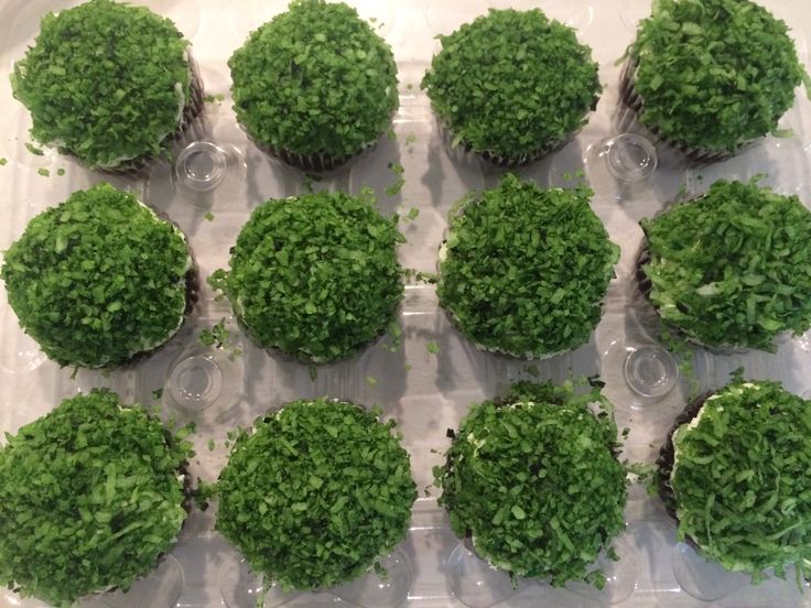 cupcakes covered in green sprouts on top of a plastic tray