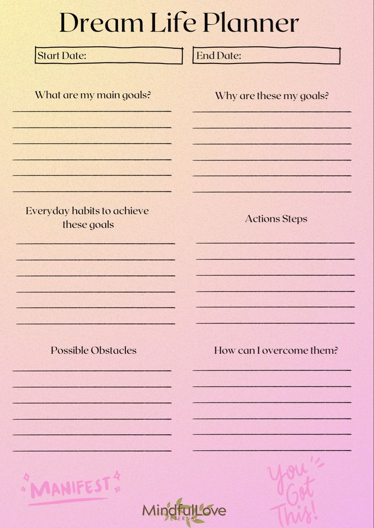 a pink and yellow poster with the words dream life planner