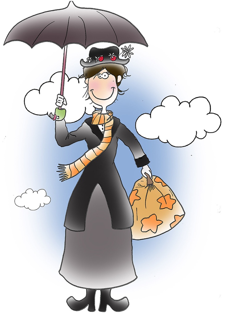 a woman holding an umbrella in the sky with clouds behind her and a bag full of pumpkins