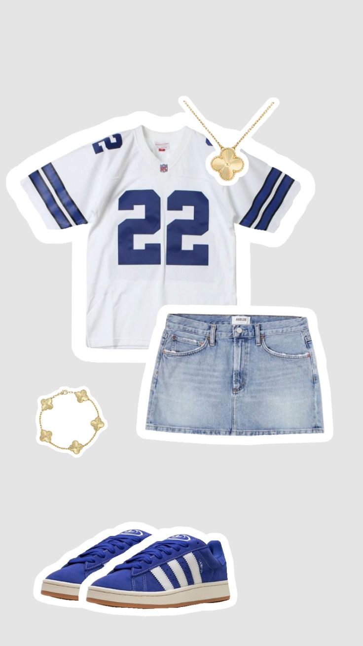 Couples Matching Jersey Outfits, Fits For Football Games, Jock Outfit Spirit Week, Jersey Outfit Ideas For Women, Outfit Ideas Jersey, Basketball Game Outfit Women Jersey, Jersey Day Spirit Week, Cute Jersey Outfits For Women, Blue Jersey Outfit