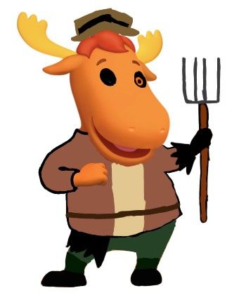 a cartoon moose holding a pitchfork and wearing a hat