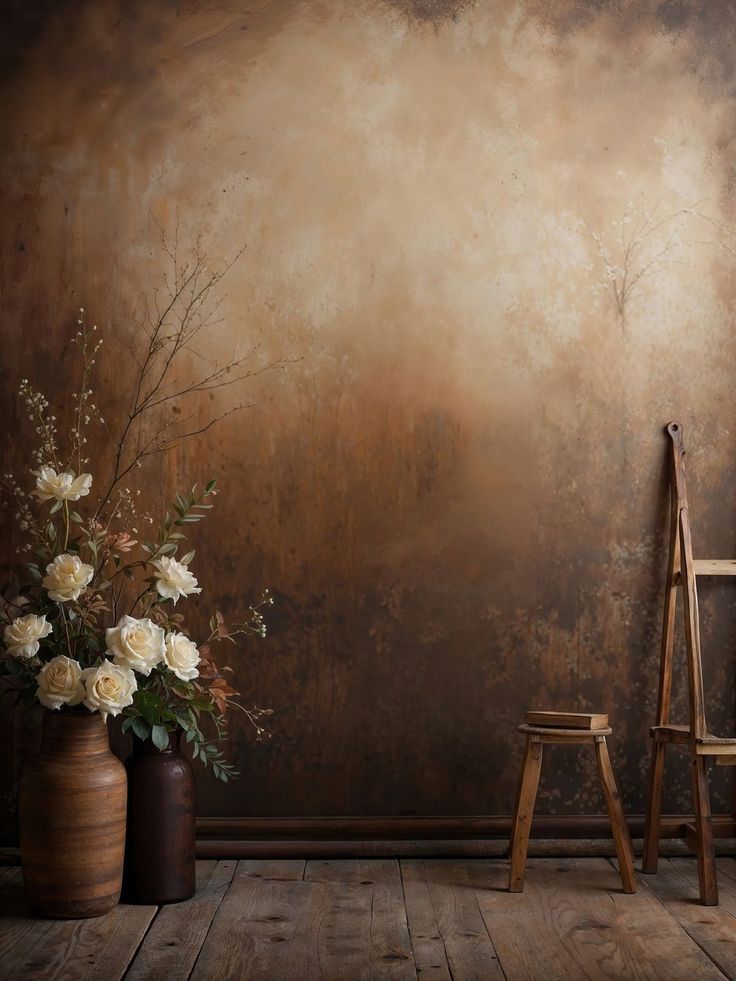 a chair and vase with white flowers in front of a brown painted wall on a wooden floor