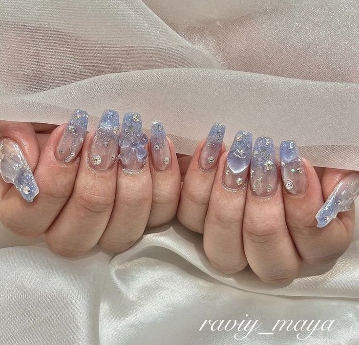 Light Blue Nails Douyin, Blue Nails Asian, Blue Asian Nails, Blue Japanese Nails, Douyin Nails Blue, Jelly Blue Nails, Blue Douyin Nails, Blue Korean Nails, Blue Jelly Nails