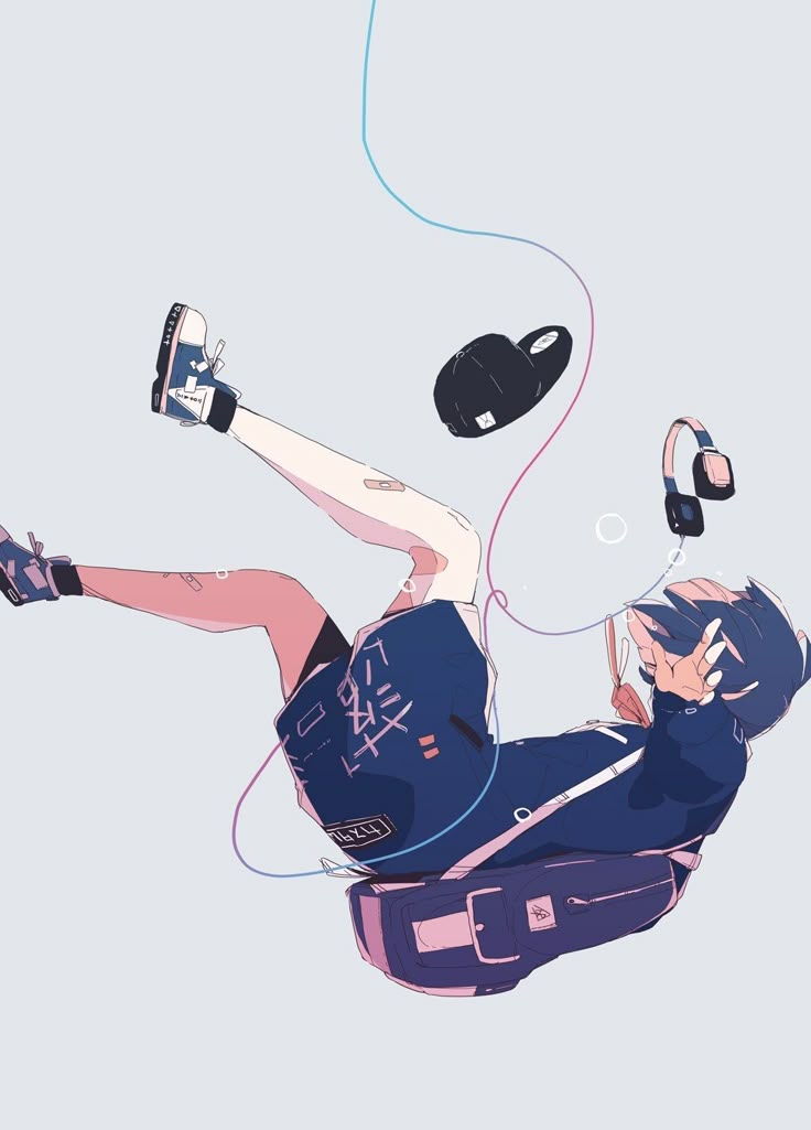 a man with headphones is flying through the air and listening to music on earphones