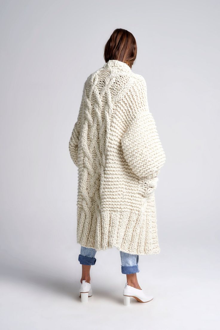 This coat is designed to use 12 balls of our 150 Gram Merino No. 5 yarn. We also have a limited supply of our XL Merino No. 5 skeins. You can utilize 3 of these XL skeins and not have to worry about connecting balls of yarn! The XL skeins are also great because they have NO KNOTS! This listing is for the pattern only. After checkout, you will receive a digital copy of the pattern by email. If you would like to buy the full DIY Kit for this style, you can do so here. Pattern level: Intermediate M White Knitting Pattern For Fall, Casual Oversized Handmade Knitting Pattern, Knitted Coats, Mohair Sweaters, Loopy Mango, Adorable Clothes, Sweaters Women, Knitting Needles Sizes, Knitwear Fashion