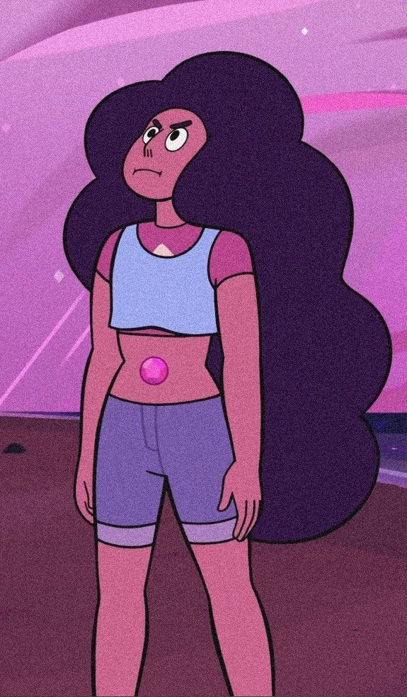 an animated girl with long hair and blue shorts standing in front of a pink background