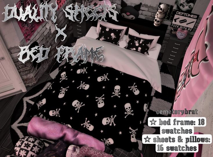 there is a bed with skulls and bones on it