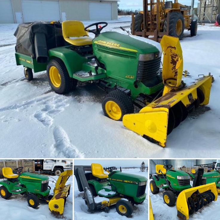 four different views of a green tractor in the snow, with yellow trimmings