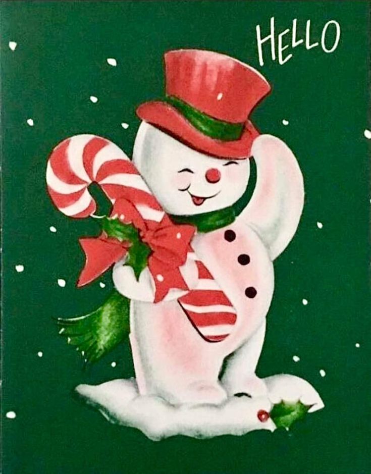 a painting of a snowman holding a candy cane