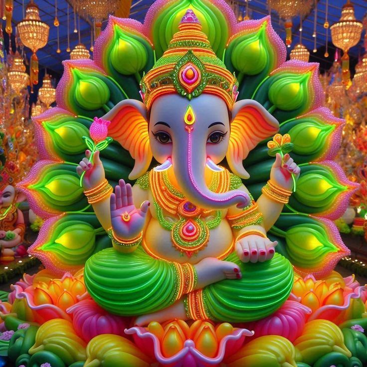 an elephant statue is sitting in the middle of a decorated area with lights and chandeliers