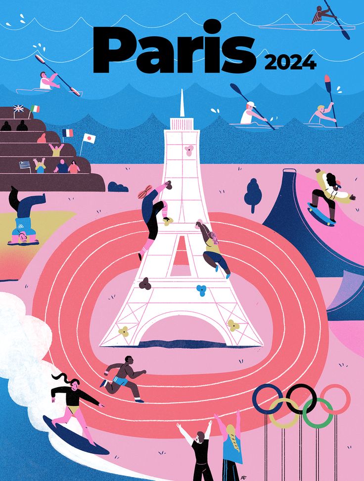 the poster shows people doing different activities in front of the eiffel tower, paris