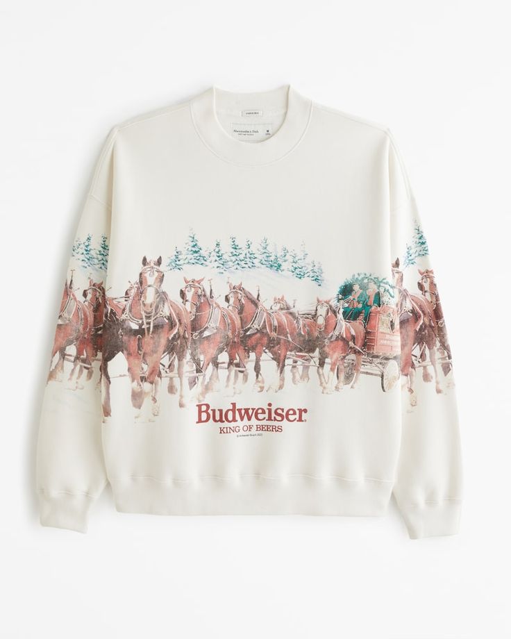 Men's Budweiser Graphic Crew Sweatshirt | Men's Tops | Abercrombie.com Clydesdale Horse, Horse Sweatshirts, Horse Christmas, Big Shirt, Leopard Print Jacket, Christmas Crewneck, Oversized Crewneck, Clydesdale, Half Zip Sweatshirt