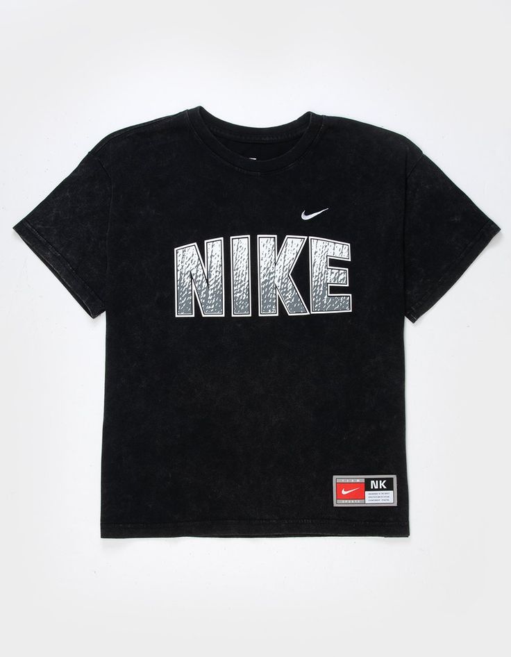 Nike Sportswear Tee. Graphic Screened On Front. Garment Dyed For A Washed, Distressed Look. Embroidered Logo At Left Chest. Loose Fit. Crew Neck. Short Sleeve. 100% Cotton. Machine Wash. Imported. | Nike Sportswear Boys Tee Relaxed Fit Sports Top With Embroidered Logo, Sports Cotton Tops With Embroidered Logo, Sporty Acid Wash Cotton T-shirt, Acid Wash Cotton Sporty T-shirt, Sporty Embroidered Graphic Tops For Sports, Sporty Acid Wash Short Sleeve Tops, Sporty Embroidered Tops For Sports, Sportswear Tops With Embroidered Logo For Sports Season, Sportswear Cotton Tops With Embroidered Logo