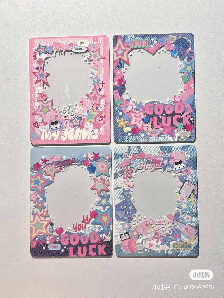 three frames are decorated with pink, blue and white designs on the edges that spell out you're lucky