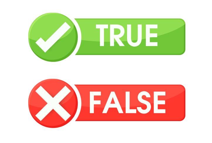 two red and green buttons with the words true and false on them, one has a tick mark