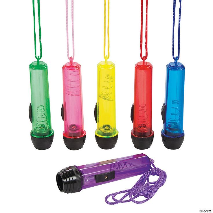 four different colored flashlights are shown in the same color as each other and one has a cord attached to it