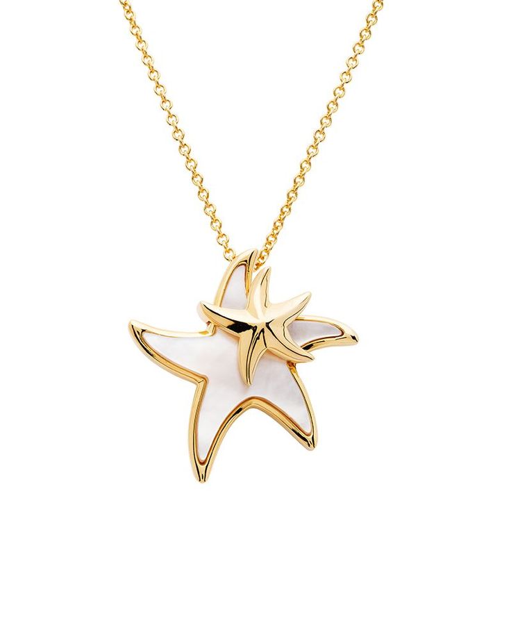 With this beautiful pendant necklace from Ocean, you can add a little coastal beauty to any look you please! Featuring a layered starfish design accented with mother of pearl, it's a stylish choice for any setting.Material: 14kt gold vermeil over .925 sterling silverDecorated with Mother of PearlChain measures 18"" long with adjustable sliding ball claspMade in Ireland Elegant Starfish Charm Jewelry As Gift, Elegant Starfish Charm Jewelry For Gifts, Elegant Jewelry With Starfish Charm, Elegant Starfish Charm Jewelry Gift, Ocean-inspired White Star Jewelry, White Starfish Shell Necklace As A Gift, Elegant Sterling Silver Jewelry With Starfish Charm, Ocean-inspired White Star-shaped Jewelry, Gold Sterling Silver Jewelry With Starfish Charm