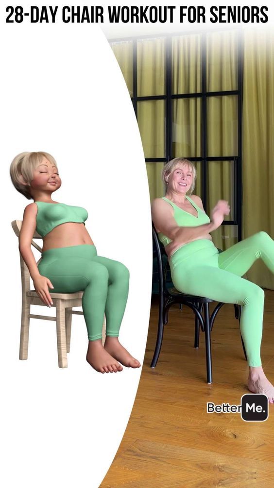 a woman sitting in a chair with her legs crossed and the words 28 - day chair workout for seniors