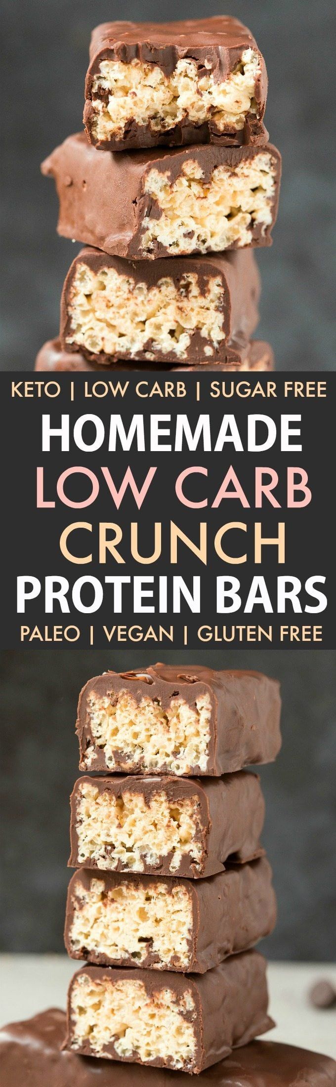 homemade low carb protein bars stacked on top of each other with text overlay