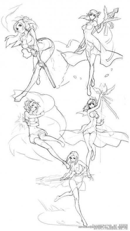 some drawings of different female superheros in various poses