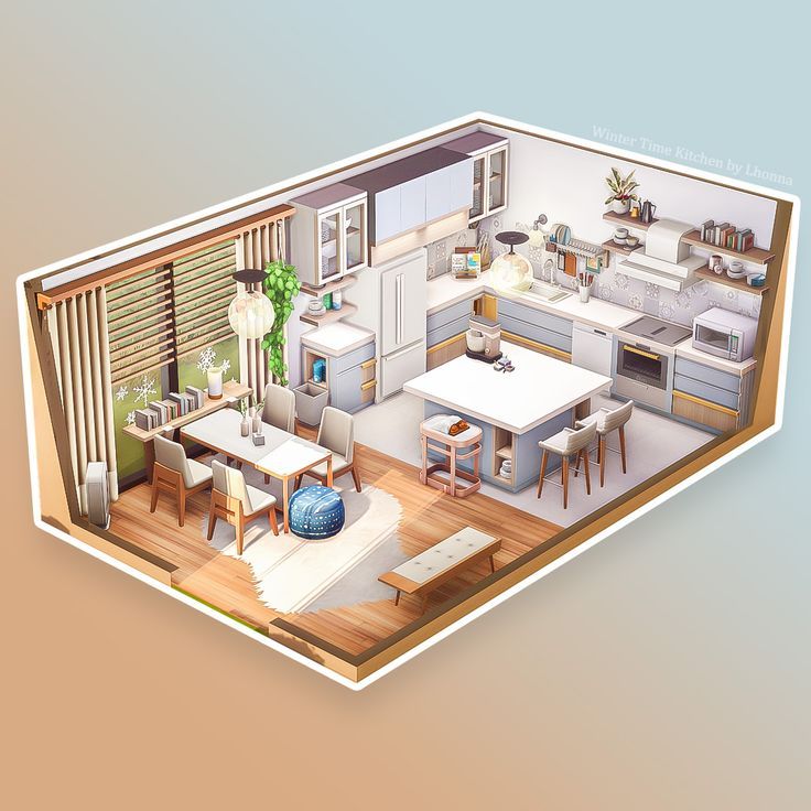 an image of a kitchen and dining room in the same house as shown from above