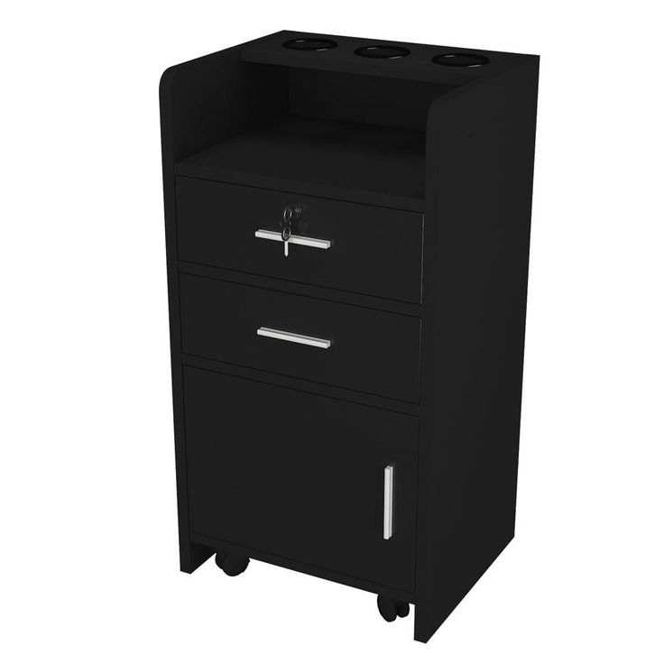 a black filing cabinet with two drawers on wheels and one drawer open to the side