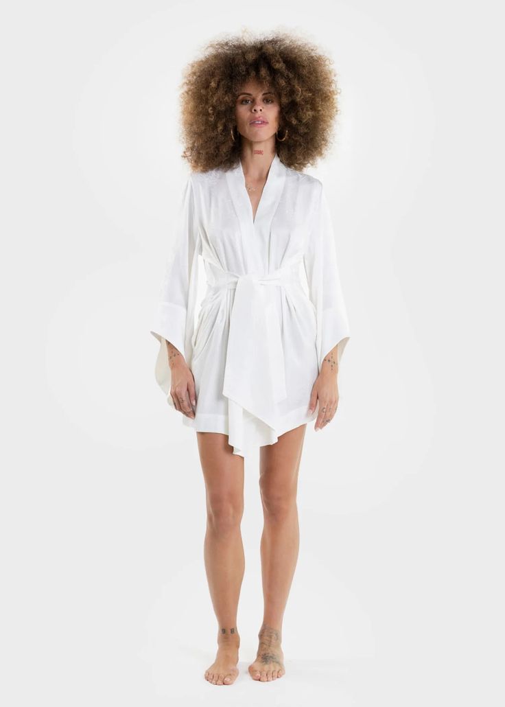 Magnolia Mini Amara Kimono Robe | Vegan Silk Robe for Brides – niLuu Elegant Wrap Robe With Tie Waist, Silk Fitted Robe For Loungewear, Fitted Silk Robe For Loungewear, Wrap Robe With Tie Waist, Chic Belted Wrap Kimono, Elegant Open Front Kimono With Tie Waist, Silk Wrap Robe With Tie Waist, Fitted Silk Robe For Daywear, Elegant Belted Robe With Kimono Sleeves