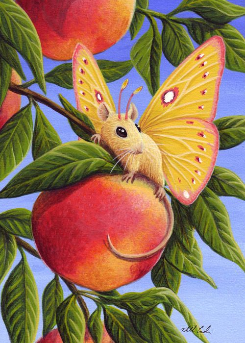 a painting of a yellow butterfly sitting on top of a peach tree with green leaves