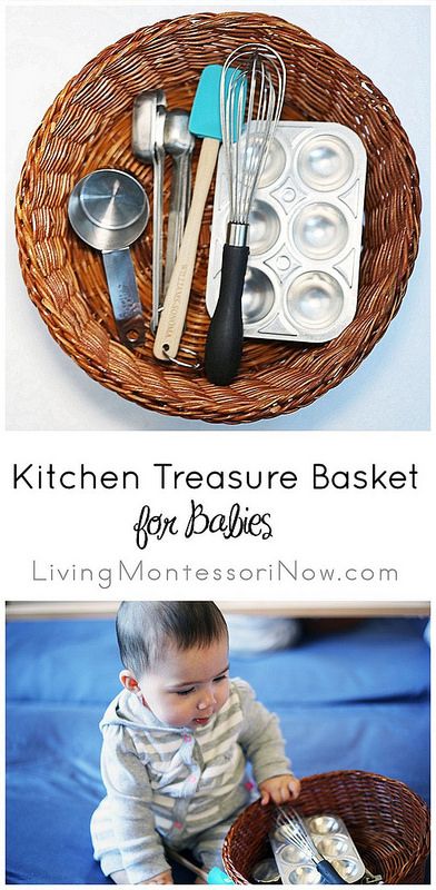 a basket filled with kitchen utensils next to an image of a baby sitting on the floor