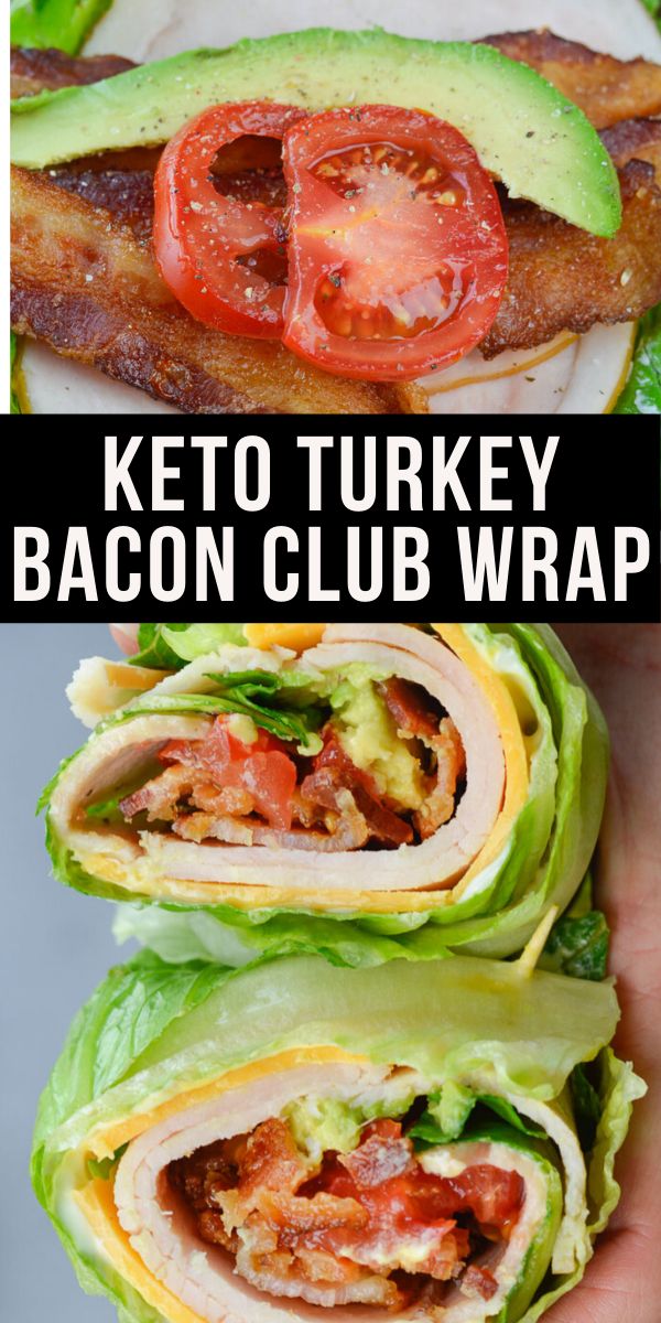 the keto turkey bacon club wrap has been cut in half and is being held up