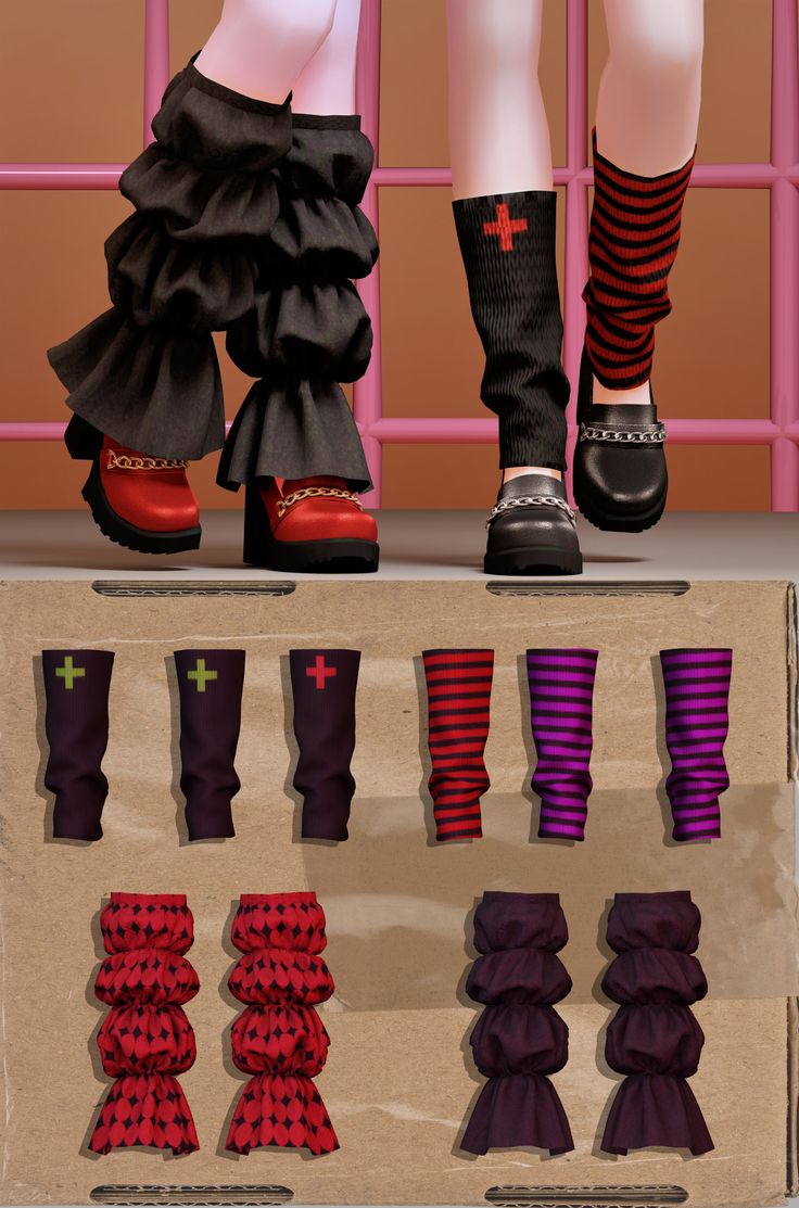 the legs and feet of two people wearing colorful socks with crosses on them, standing in front of a pink fence