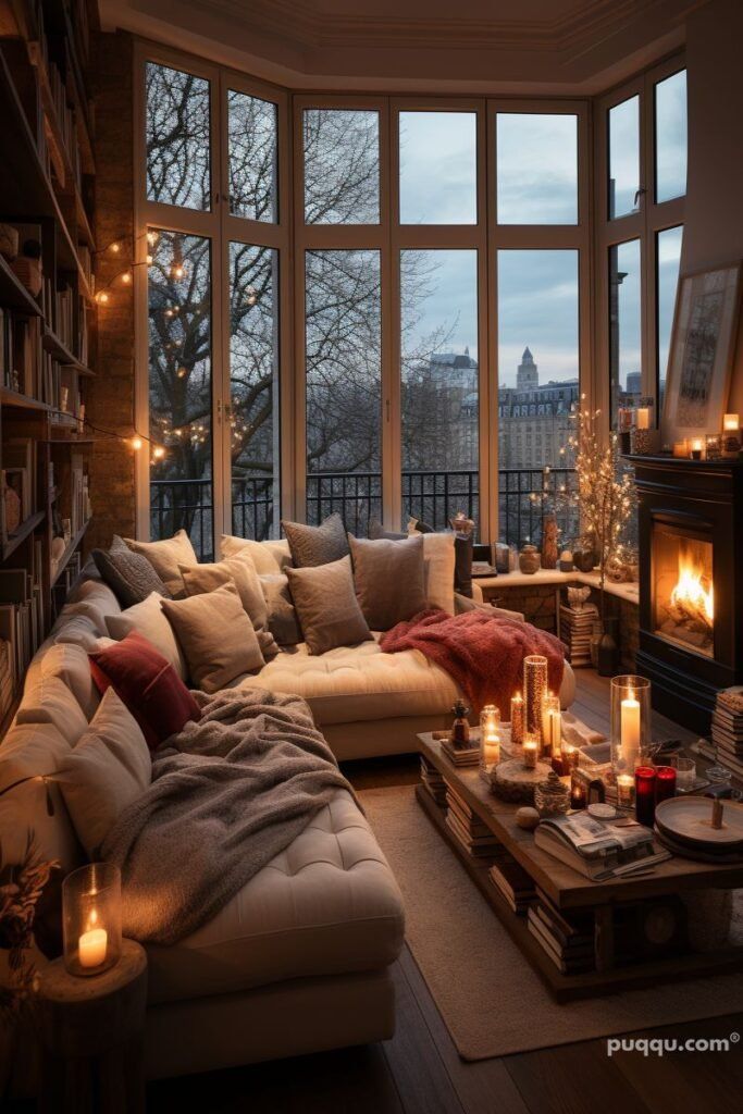 a living room filled with lots of furniture next to a large window covered in candles