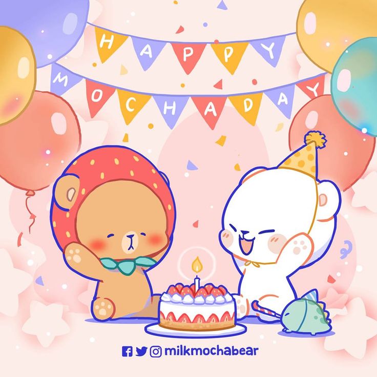 two cartoon bears sitting at a table with a cake and balloons in front of them