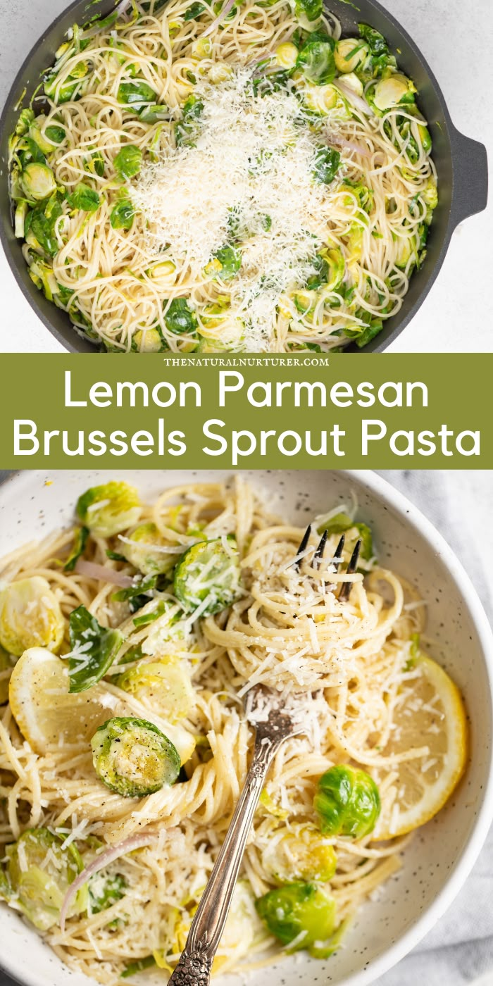 lemon parmesan brussel sprout pasta in a skillet