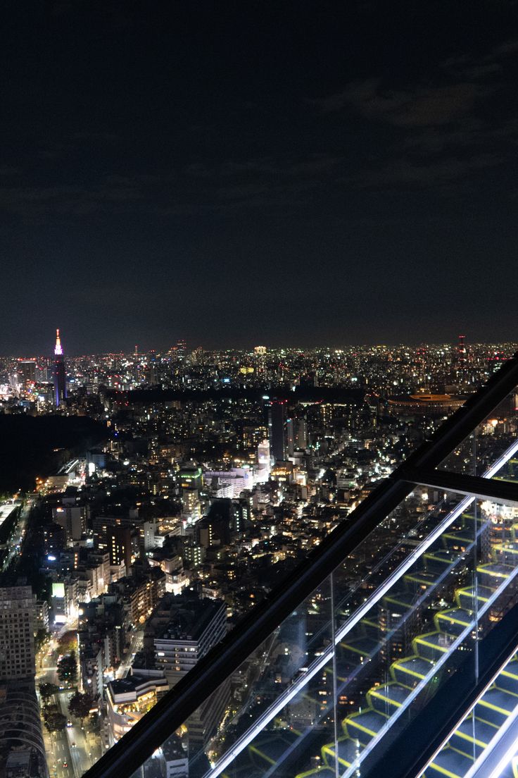 a man standing on top of a tall building next to a night time cityscape