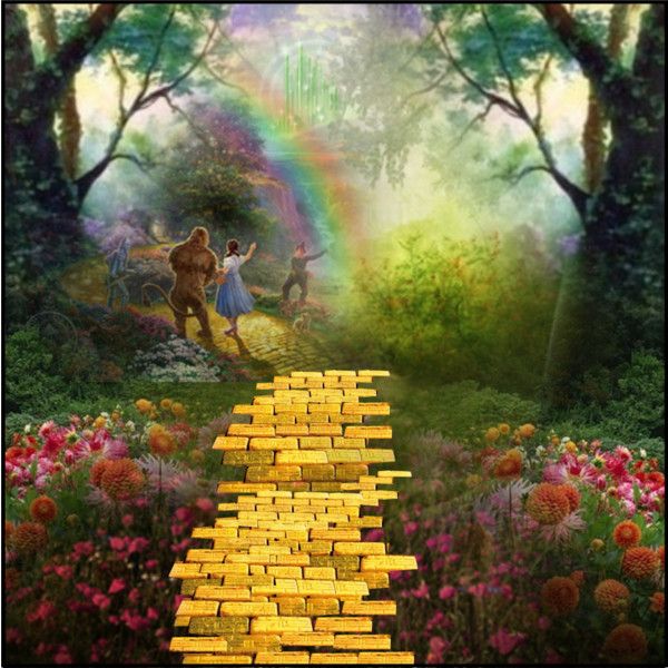 an image of a yellow brick road with the words goodbye written in gold on it