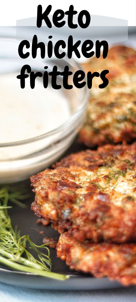 the keto chicken fritters are ready to be eaten with dipping sauce on the side