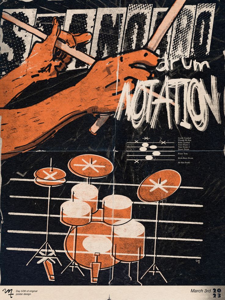 an orange and black poster with drums on it's back ground, in front of a hand holding a guitar