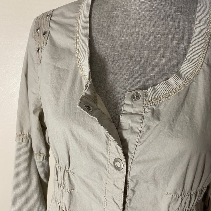 100% Cotton Nwot Side Lacing, Fun Front Pockets, Snap Closure Smoke And Pet Free Taupe Spring Outerwear With Pockets, Gray Long Sleeve Outerwear For Spring, Taupe Long Sleeve Tops For Spring, Utility Tops For Layering In Spring, Spring Utility Tops For Layering, Utility Style Tops For Spring Layering, Casual Taupe Outerwear For Spring, Gray Long Sleeve Utility Outerwear, Gray Utility Outerwear For Spring