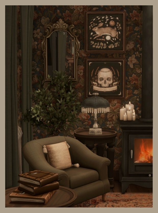 a living room filled with furniture and a fire place next to a wall covered in pictures