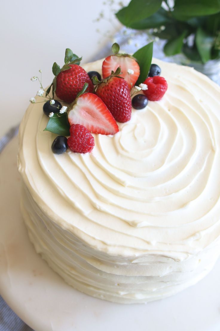 a white frosted cake with strawberries and berries on top