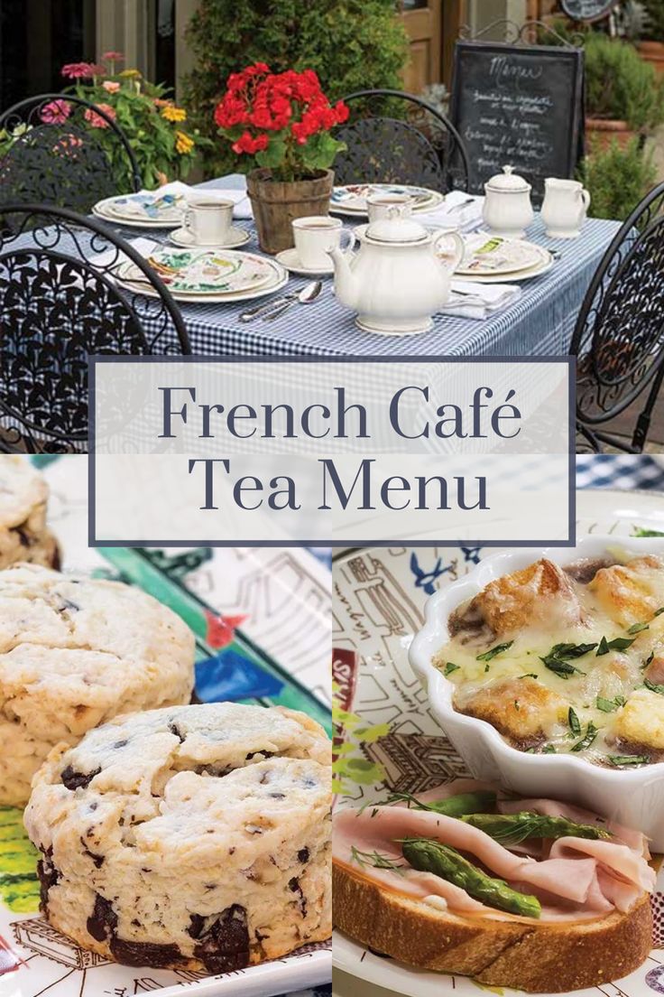 french cafe tea menu with scones, muffins and other food on the table