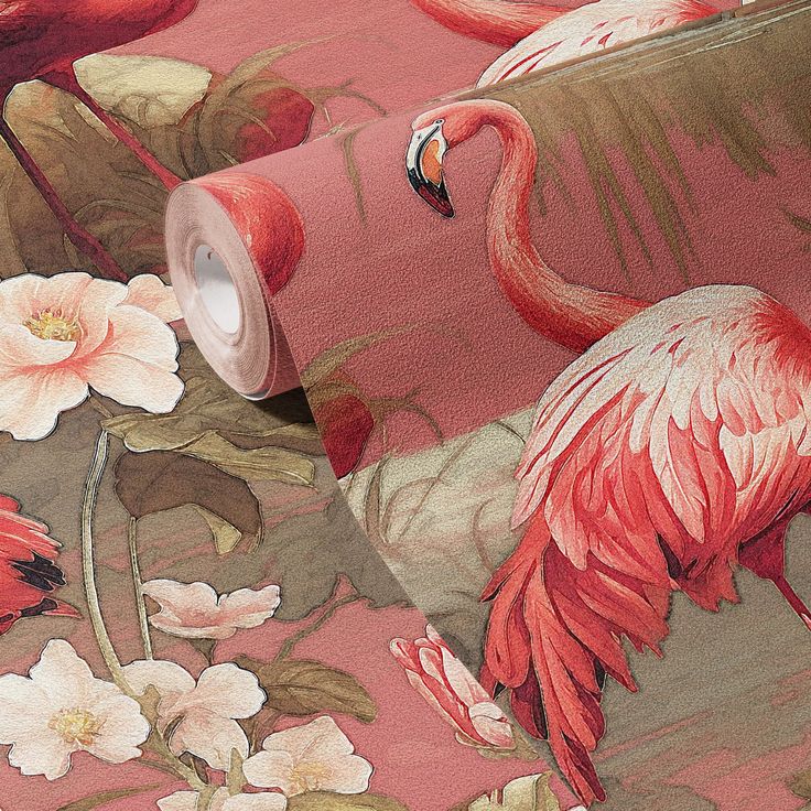 a pink flamingo wallpaper with flowers and leaves on the background, it has a roll of toilet paper in front of it