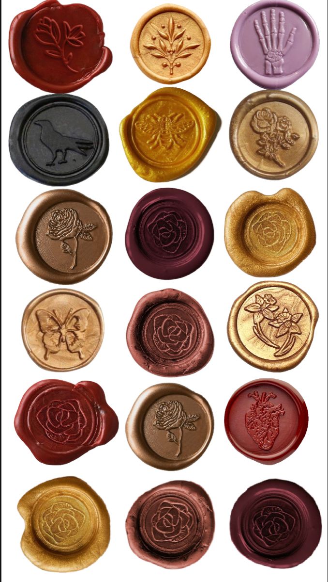 several waxed stamps with different designs and colors on them, all in different shapes