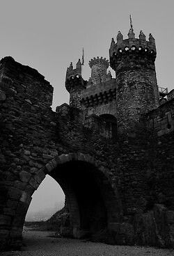 a black and white photo of an old castle with two archways leading to it