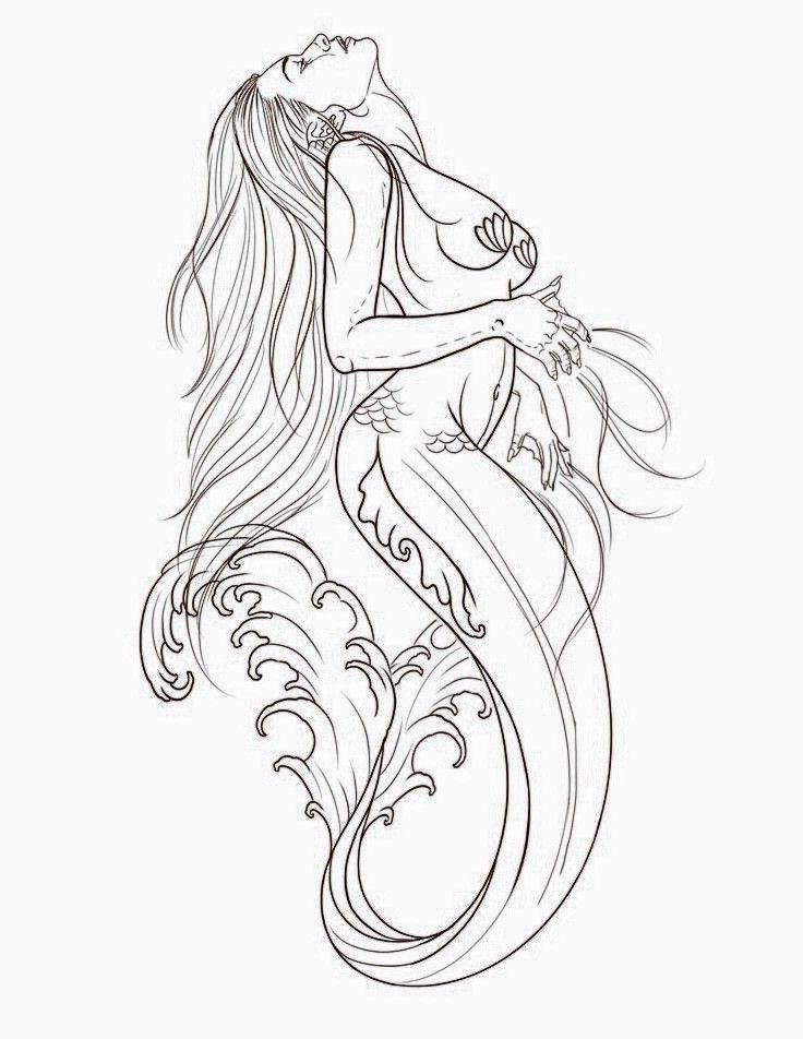 a drawing of a mermaid sitting on top of a wave with her tail curled up