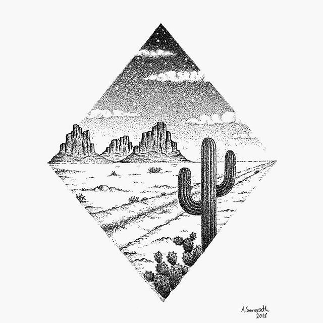 a black and white drawing of a cactus in the desert