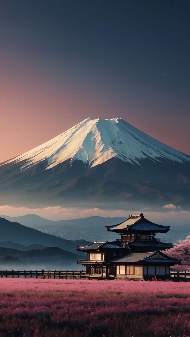 an image of a mountain with a house in the foreground and pink flowers in the foreground